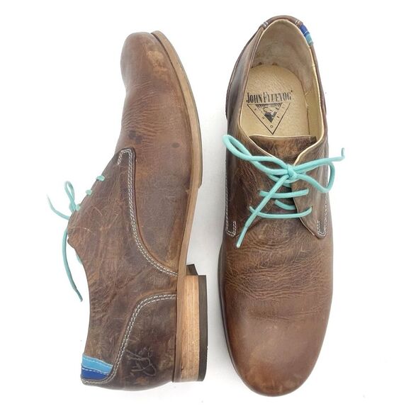 John Fluevog CBC Radio Derby Oxford Shoes Brown Leather Turquoise Men’s Size 8